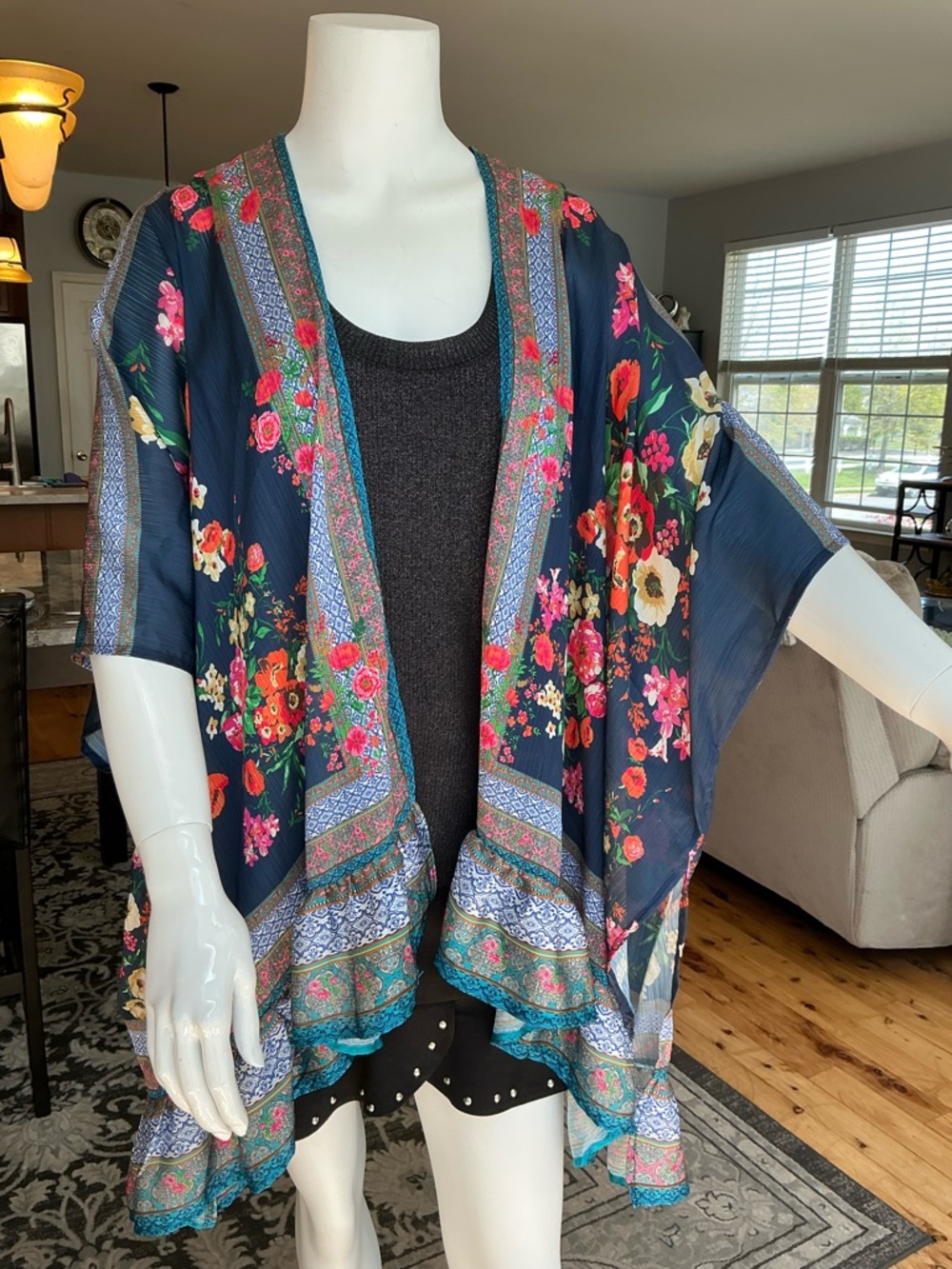 Umgee Boho Flowy Draped Ruffle Kimono Wrap Summer Relaxed Hippie Vibe SZ M/L
